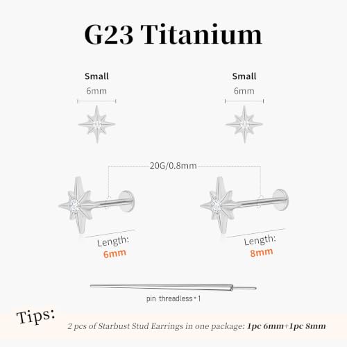 Flat Back Stud Cartilage Earrings Tragus Helix Piercing Jewelry Titanium | Conch Nose Piercing,Small Tiny Studs for Women,Threadless/Internally Threaded,Surgical Steel,Hypoallergenic,16G/18G/20G - color: Silver02-Starburst (6mm*1+8mm*1), size: Threadless-