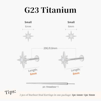 Flat Back Stud Cartilage Earrings Tragus Helix Piercing Jewelry Titanium | Conch Nose Piercing,Small Tiny Studs for Women,Threadless/Internally Threaded,Surgical Steel,Hypoallergenic,16G/18G/20G - color: Silver02-Starburst (6mm*1+8mm*1), size: Threadless-