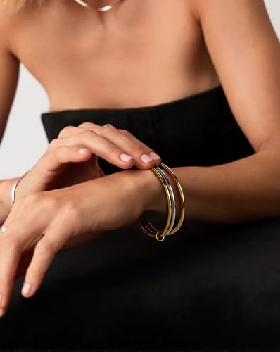 NOKMIT Triple Interlocked Stackable Bangle Bracelets for Women 3-Pack Two-Tone High Polished Stainless Steel Bangle Set Classic Plain Thin Non-Tarnish Gold&Silver - color: Classic Triple Bangle, size: Medium