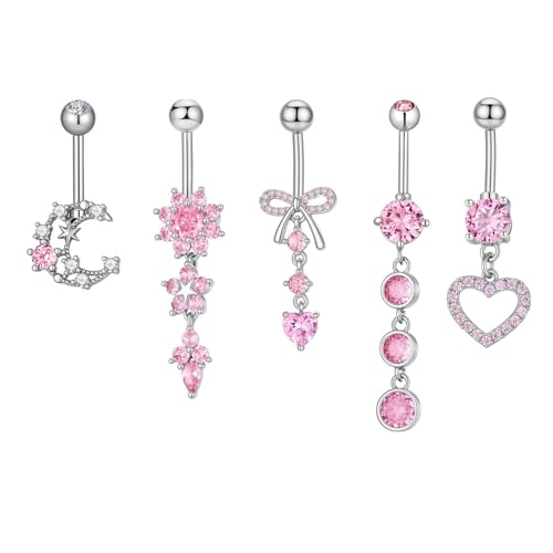 5Pcs 14G Dangle Belly Button Rings, Pink CZ Crystal Bow Heart Charm Drop Navel Piercing Barbell Studs Curved Belly Ring Summer Body Piercings Jewelry