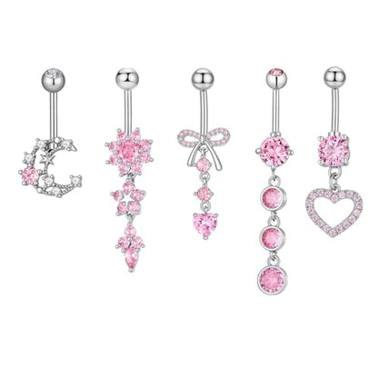 5Pcs 14G Dangle Belly Button Rings, Pink CZ Crystal Bow Heart Charm Drop Navel Piercing Barbell Studs Curved Belly Ring Summer Body Piercings Jewelry