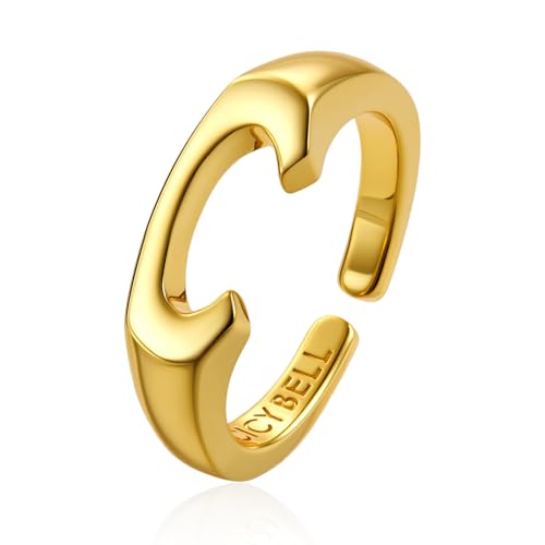 Cicy Bell Initial Rings for Women 18k Gold Plated Adjustable Rings | Open Signet Rings, Bold Letter, Personalized Engraved, For Party - color: Initial-C