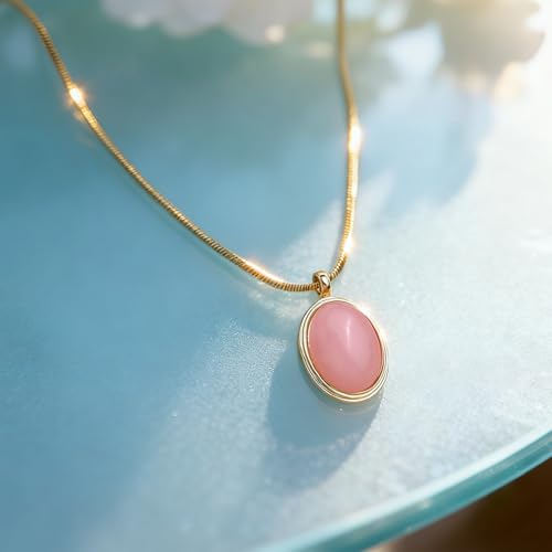 Sonateomber Gold Stone Pendant Necklace for Women, Chunky Statement Dainty Heart Oval Natural Gemstone Dangle Necklaces Wedding Prom Accessories Fashion Jewelry Gift - color: Pink Rose Quartz