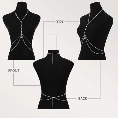 Rhinestone Body Chain Jewelry for Women Layered Diamond Cz Body Necklace Crystal Crossover Belly Waist Chain Bikini Accessory - color: Silver