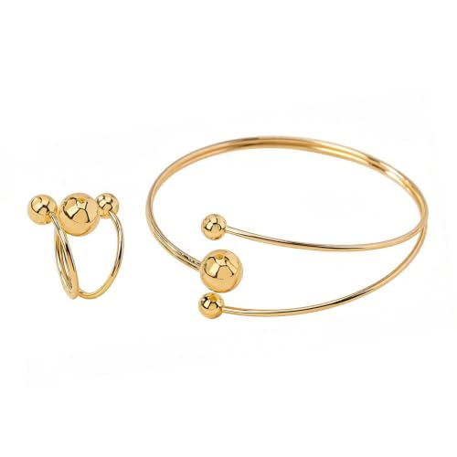Minimalist Round Ball Bracelet Rings Set for Women Gold-Tone Trendy Simple Open Adjustable Statement Wrap Finger Ring Comfort Fit Fashion Geometric Cuff Stretch Bangle Unique Charm Jewelry