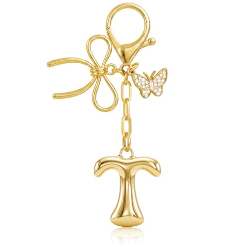 Gold Bubble Heart, Cherry, Bow & More Designs Letter Initial Keychain Bag Charms – Cute Purse Charms for Handbags - color: Bow & Butterfly, style: T