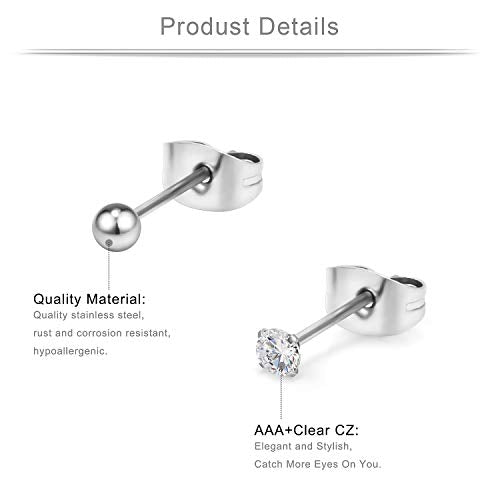 20G Mix Color Stainless Steel Ball Clear CZ Stud Earrings for Men Women Round 3-8mm 6-12Pairs - style: 12Pairs - 3mm