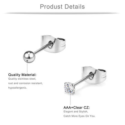 20G Mix Color Stainless Steel Ball Clear CZ Stud Earrings for Men Women Round 3-8mm 6-12Pairs - style: 12Pairs - 3mm