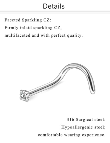 Nose Studs Surgical Steel Nose Rings Studs with Cubic Zirconia 10Pcs Tiny Nostril Rings for Women Screw Bone and L-Shaped Nostril Piercing Jewelry 24G 22G 20G 18G - color: silvertone,screw nose studs, size: 20g,1.5mm Clear CZ
