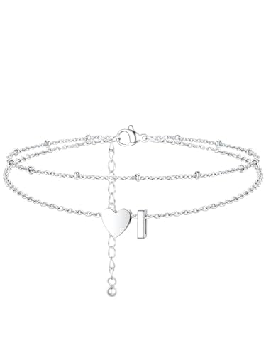 Ankle Bracelets for Women Waterproof 14K Gold/Silver/Black Initial Anklet for Women Dainty Layered Heart Ankle Bracelets Stainless Steel Adjustable Foot Chain Anklet Summer Beach Jewelry - color: I-Silver