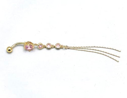 JAJAFOOK Surgical Steel Cubic Zirconia Long Dangle Navel Ring Sexy Body Piercing Belly Button - color: Pink