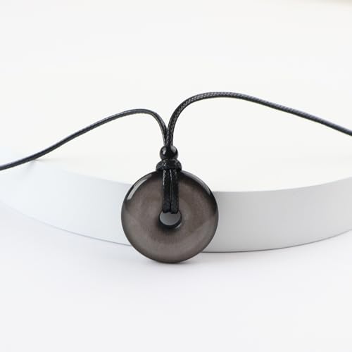 Anjiucc Natural Gemstone Pendant Necklce Lucky Coin Crystal Necklace Donut Pendnat with Adjustable Rope Healing Crystal for Men - color: Silvery Sheen Obsidian