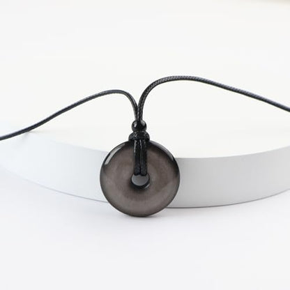 Anjiucc Natural Gemstone Pendant Necklce Lucky Coin Crystal Necklace Donut Pendnat with Adjustable Rope Healing Crystal for Men - color: Silvery Sheen Obsidian
