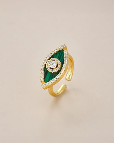 SNGIA 18K Gold Plated Adjustable Open Ring for Women Natural Stone CZ Statement Ring Tiger Eye Emerald Ruby Lapis Black Onyx Turquoise Evil Eye Boho Stackable Cocktail Ring Birthday Gift Jewelry - style: Malachite, Evil Eye