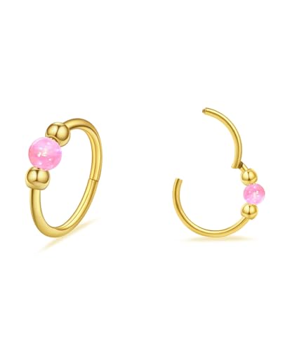 2 Pcs Small Cartilage Hoop Earrings for Women Men, 18G Opal Silver Earrings Hypoallergenic 316L Surgical Steel Hinge Huggie Hoop Earrings for Helix,Tragus,Conch,Rook,Earlobe Piercing Jewelry Nose Ring - style: 2Pcs 10mm Pink Opal/Gold