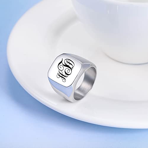 INBLUE Personalized Engraved Initial Monogram Signet Rings for Man Women Stainless Steel Rings Customize Jewelry with Ring Size Adjuster - color: Silver: Monogram