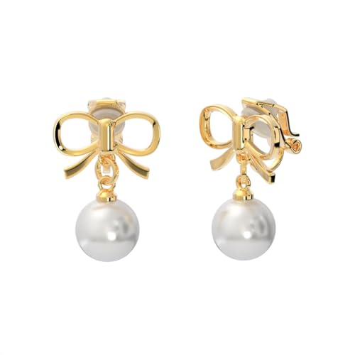 Simulated Pearl Clip On Stud Earrings - style: Gold Tone Bow with Dangling Pearls