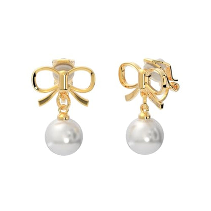 Simulated Pearl Clip On Stud Earrings - style: Gold Tone Bow with Dangling Pearls