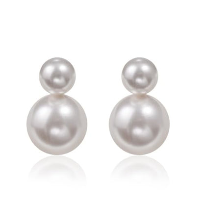 Bi&Yamigeo Mini Double Pearl Drop Stud Earrings,White Round Dangle Jewelry