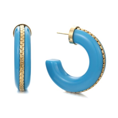 Gold Plated Resin Chunky Hoop Earrings Hypoallergenic Push Back Hoops for Sensitive Ears - color: Sky Blue