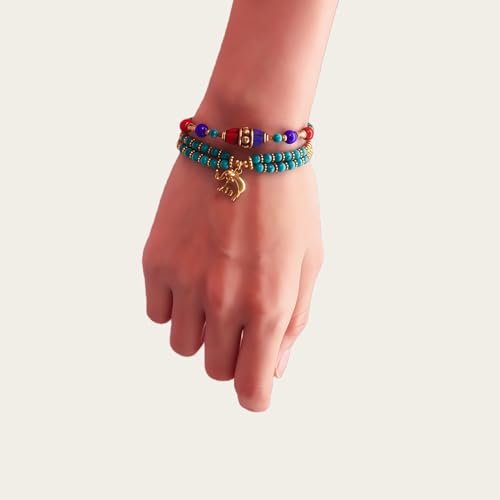 Petite Adjustable Boho Bracelet for Small Wrists 6-7.5 Inch - Handmade Nepalese Buddhist Prayer Bracelet with Elephant Charm, Brass Bell, Turquoise Stone & Tibetan Mantra Beads, Spiritual Lucky Gift - color: Green-2Pcs