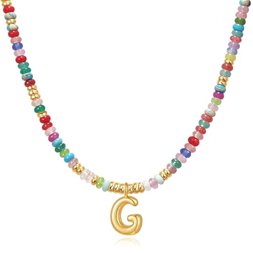 YOUFENG Initial Letter Necklaces for Women Colorful Beaded Gemstone Choker 14K Gold Plated Bubble Letter Pendant Necklace Natural Stone Handmade Jewelry Gift - color: G