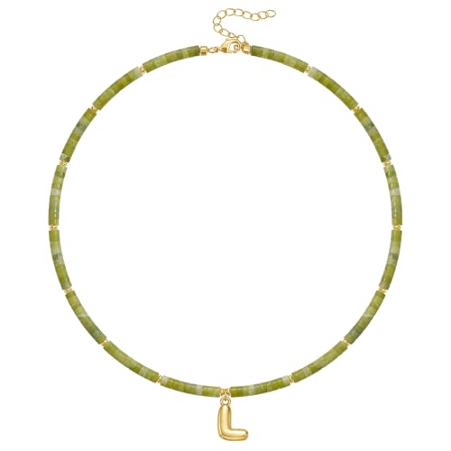 KELORIS PATH Beaded Initial Necklace for Women, 14K Gilded Plated Bubble Letter Pendant Natural Handmade Stone Choker Boho Colorful Summer Beach Jewelry Gift - color: Green Aventurine, style: Letter L