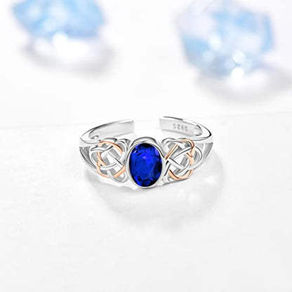 PRAYMOS 925 Sterling Silver Ring Birthstone Ring Turquoise Moss White Opal Ring for Women Celtic Knot Open Adjustable Thrumb Ring - color: Blue Sapphire