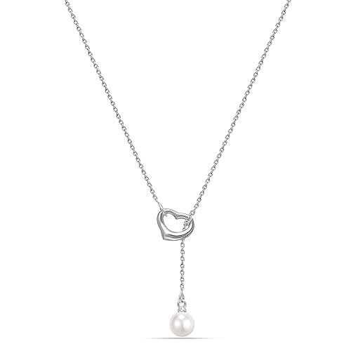 LeCalla 925 Sterling Silver CZ Necklace for Women Jewelry Lightweight Adjustable Lariat Zirconia Choker Y Chain Necklace - color: Freshwater Pearl Heart Y Necklace