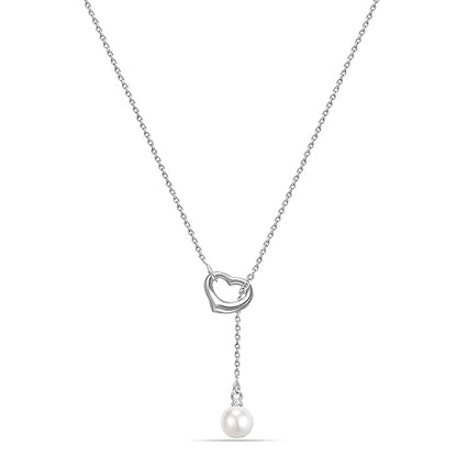 LeCalla 925 Sterling Silver CZ Necklace for Women Jewelry Lightweight Adjustable Lariat Zirconia Choker Y Chain Necklace - color: Freshwater Pearl Heart Y Necklace