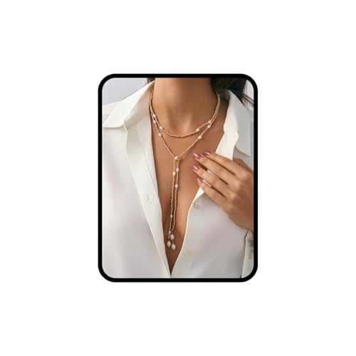 Green Beaded Lariat Necklace with Baroque Pearl Drops – Adjustable Wrap Y Style Jewelry, Beach and Bohemian Outfit Accessory for Women - color: Gold Bead Style
