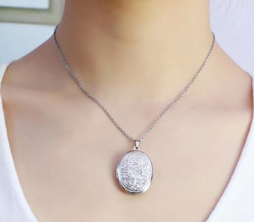 YOUFENG Oval Round Flower Locket Necklace that Holds Pictures Photo Locket Pendant - style: Oval Silver-plated