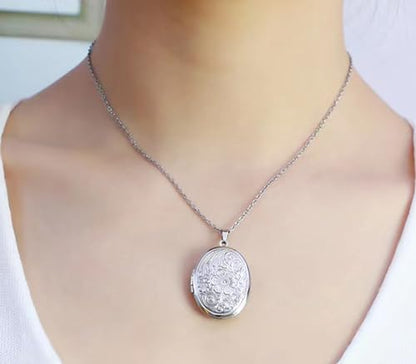 YOUFENG Oval Round Flower Locket Necklace that Holds Pictures Photo Locket Pendant - style: Oval Silver-plated