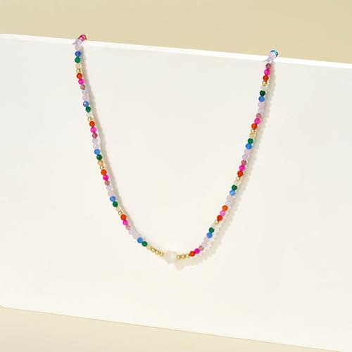 KissYan Beaded Choker Necklace for Women, Colorful Natural Gemstones Pearl Choker 14K Gold Plated Pendant Healing Crystal Necklace Handmade Stone Jewelry Gift | 14K Gold Plated Pendant Necklaces, Natural Gemstones Pearl Choker, Healing Crystal Chain, Hand