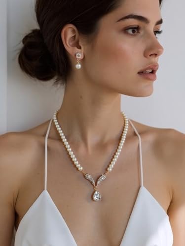 Pearl Necklace and Earring Set for Women,Pearl Jewelry Set Fake Pearls Necklace Imitation Beaded Collar de Perlas Para Mujer Necklaces for Prom Bridesmaid Costume Accessories - color: A-Gold