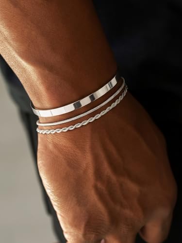 Mens Bracelet, Dainty Silver Plated Bracelets for Men Non Tanish Fashion Mens Jewelry Simple Cuban Snake Rope Link Bangle Chain Bracelet Mens Accessories 6.5/7/7.5/8/8.5/9 In - style: 7.5 IN