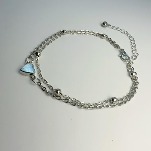 Anklet for Women Layered Anklets Women Double Heart Silver Bohemian Pearls Flat Chain Ankle Bracelet Charm Beaded Dainty Foot Jewelry Heart Charm Dainty Layer Anklets Trendy - color: Double Heart