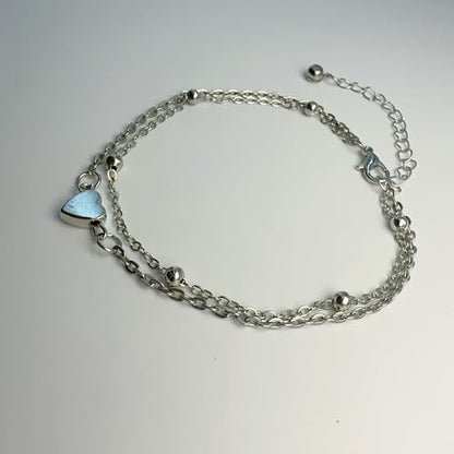 Anklet for Women Layered Anklets Women Double Heart Silver Bohemian Pearls Flat Chain Ankle Bracelet Charm Beaded Dainty Foot Jewelry Heart Charm Dainty Layer Anklets Trendy - color: Double Heart