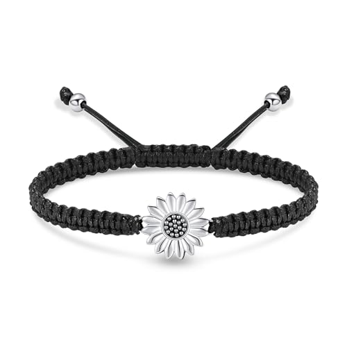 Sunflower Cremation Urn Bracelet for Adjustable Boho Daisy Handmade Cremation Jewelry Braided Rope Bracelets for Women Jewelry Gift With Funnel Kit & Bag - color: Silver+Black