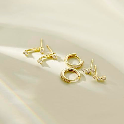 3 Pairs Mini Hoop Earrings Set Turquoise Cubic Zirconia Huggie Hoop Cartilage Earring Ear Cuff for Women (Turquoise/CZ) - color: Style A-Gold
