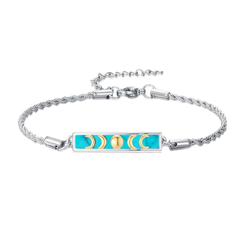 Waves/Tree of Life/Mushrooms/Moon Phase/Butterfly/Hummingbird Bracelet/Anklet 925 Sterling Silver Adjustable Abalone Shell Bar Bracelet/Anklet Summer Jewelry Gifts for Women - color: Moon Phase-Turquoise, size: Bracele 7"+2"