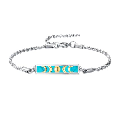 Waves/Tree of Life/Mushrooms/Moon Phase/Butterfly/Hummingbird Bracelet/Anklet 925 Sterling Silver Adjustable Abalone Shell Bar Bracelet/Anklet Summer Jewelry Gifts for Women - color: Moon Phase-Turquoise, size: Bracele 7"+2"
