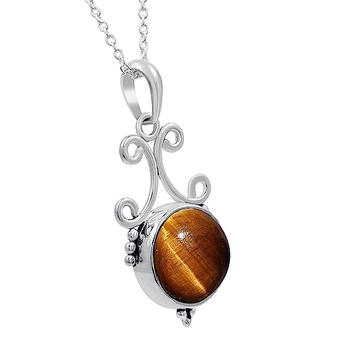 Natural Round Gemstone Pendant Necklace for Women, 925 Sterling Silver | Solitaire Birthstone Jewelry With 18 Inch Chain, Handmade Semi Precious Stone Pendant, Jewelry Gift for Mom, Wife & Sister - color: Tiger Eye
