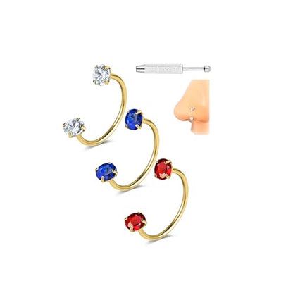 G23 Titanium 20G Horseshoe Nose Rings | Horse Shoe Nose Ring Hoops, Surgical Steel Half Cartilage Tragus Earring Hoop, Internally Threaded, Double Cubic Zirconia - style: 3PCS 8MM-Gold Ring