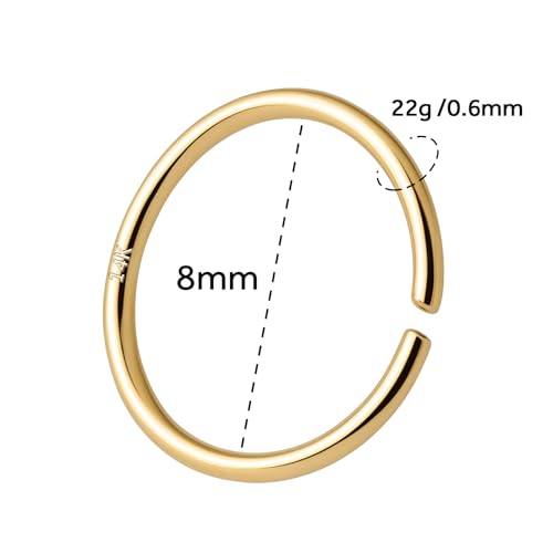 14K Gold Nose Ring Hoop for Women and Men, 6mm/7mm/8mm Tiny Gold Nose Ring Stud Piercing Jewelry, 20G 22G - color: 14k Yellow Gold, size: 22 gauge(0.6mm)-8mm