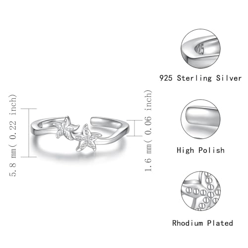 Sariel 925 Sterling Silver Toe Rings for Women Boho Adjustable Mid Finger Rings Summer Vacation Ocean Beach - color: Starfish