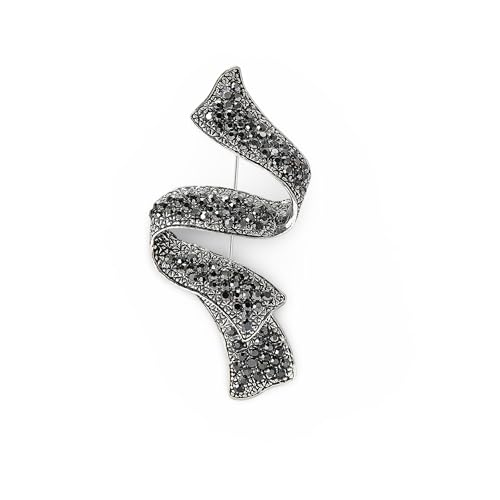 Brooch Pin, Vintage Floral Design In Antique Silver Tone Zinc Alloy With Grey Crystals And Faux Pearl Center - color: MM-BR-0392-BK