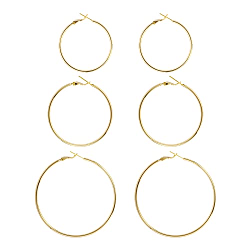 DAILY VIBES Simple Big Thin Hoop Earrings for Women Trendy, 3 Pairs | 925 Sterling Silver Post Large Hoops, 14K Gold or Silver Plated Loop, Hypoallergenic Hoop Earrings Set - color: Gold, size: 40-50-60mm