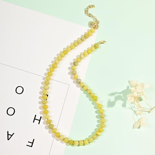 Boho Gemstone Beaded Necklace for Women – Colorful Natural Stone Choker 18K Solid Heart-Shaped Pendant, Summer Beach Jewelry - color: Lemon Jade
