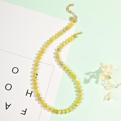Boho Gemstone Beaded Necklace for Women – Colorful Natural Stone Choker 18K Solid Heart-Shaped Pendant, Summer Beach Jewelry - color: Lemon Jade